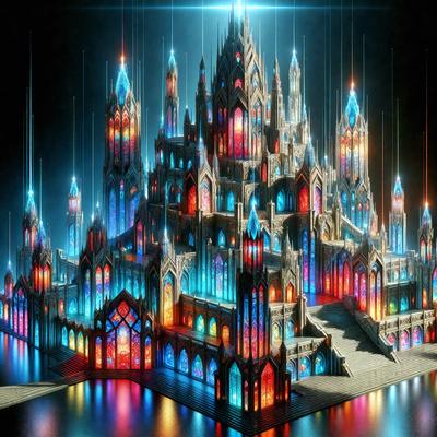 The primary subject of the image is a large, colorful castle with many towers and windows. The setting is a dark, moody environment, which contrasts with the vibrant colors of the castle. The visual style is a digital art or illustration, showcasing the intricate details of the castle. The colors and mood of the image are predominantly dark and dramatic, with the bright colors of the castle standing out against the black background.